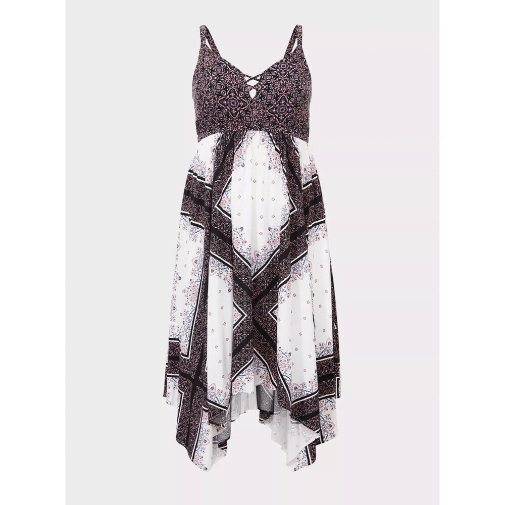 Torrid Size Midi Challis Handkerchief Dress Boho Asymmetrical Babydoll 2X 2 BK